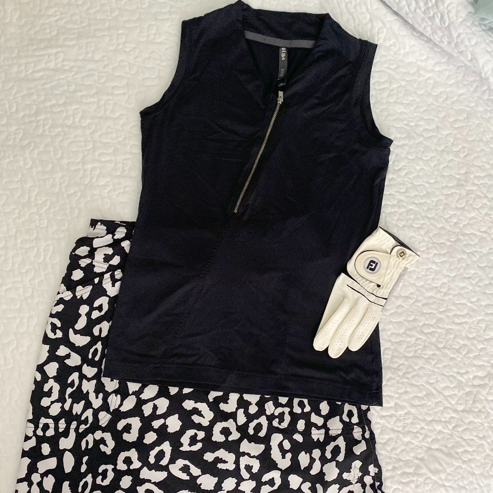 EUC Golf Tennis Outfit Lija Sleeveless Zip Top & Jofit Leopard Pull On Skort